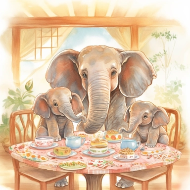 Create a watercolor illustration clipart of a playful cute Baby Elephant Having a family meal, with its full body visible. Use soft, flowing brushstrokes and a warm, inviting color palette to create an image that is both charming and whimsical. Incorporate intricate details like the motion of Baby Elephant Having a family meal to create a lifelike, realistic image. Can add other elements to the illustration like related item to play to create playful scene. Use white background to allow the wate