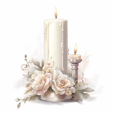Wedding candle, clipart, white background, in the style of elegant realism, muted and subtle tones, detailed painting, transparency and lightness