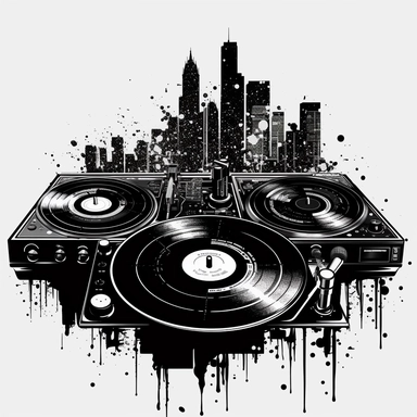 black and white t-shirt designs for Dj Bojkot with turntable , vinyl records, Los Angeles California backgrund white transparent clipart svg png cut vinyl