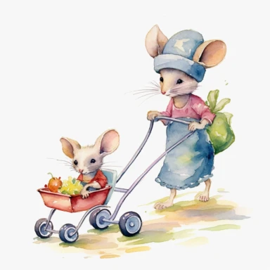 a mouse mom walking pushing a baby mice on a stroller on a park, clipart, watercolor, detailed, hd