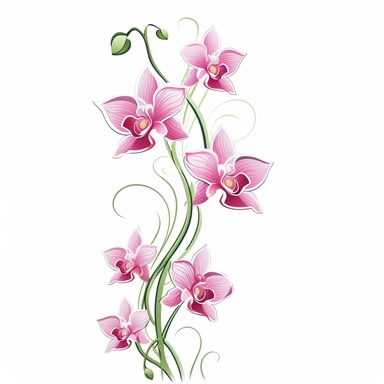 Elegant pink orchid clipart against a clean white background. The illustration depicts a graceful pink orchid with intricate petals and slender green stems. The color palette includes shades of delicate pink and touches of green. The white background adds a fresh and contemporary touch, allowing the orchid to stand out. The lighting is subtle, illuminating the orchid's elegant form and highlighting its refined beauty. The atmosphere exudes a sense of sophistication and tranquility.