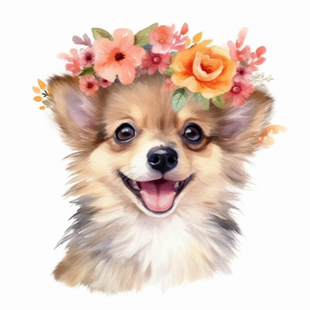 watercolor style, cute baby dog, smile, wear flower crown, white ...