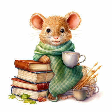 watercolor clipart, cute little brown mouse wearing glasses and a green scarf, sitting on the top of a sewing thread spool reading a book, soft golden glow, isolated and centered on a white background, detailed 8K