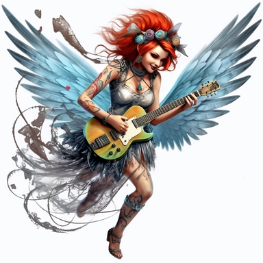 a fairy dressed as a extreme punk, big beautiful wings, playing electric guitar, tattoes, smiling, full body image, pixar style, clipart