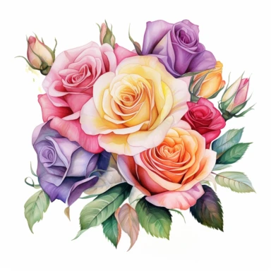 Imagine a stunning watercolor clipart featuring an exquisite arrangement of roses. The artwork is created in a vector format, allowing for sharp and precise lines. The roses are the focal point of the composition, radiating with vivid colors that are sure to captivate your imagination. Against a clean white background, the vibrant hues of the roses pop, creating a visually striking contrast. The petals of the roses are delicately rendered, showcasing their softness and beauty. Shades of red, pin