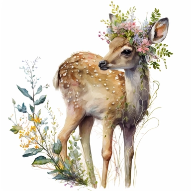 a fawn with a natural crown made of twigs, leaves, and small flowers, watercolor painting, rainbowcore, clip art, white background.