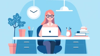 simple flat microsoft office clip art style illustration of a happy office lady sitting behind office desk with laptop, holding one document in hand, light blue pink pastel color palette