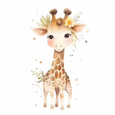 Whimsical boohoo light brown party safari animal clipart,giraffe,happy anime,cute baby giraffe , white background 4/5