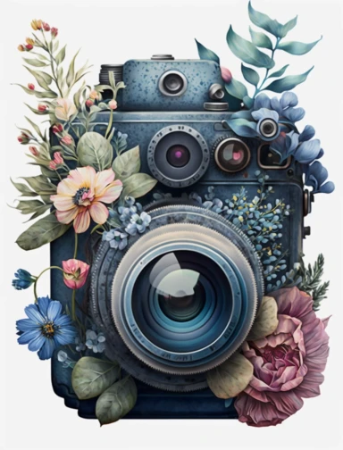 a watercolor vintage camera 1 photo lens only, profil view, surrounded by an intricate arrangement of dramatic extravagant ultra realistic digital 3D giant blue grey lucky flowers, in the style of large-scale photography, lush detailing, watercolor style, pastel colors, photorealistic, playfully intricate, made of flowers, bloomcore, 8K, clipart, clear background