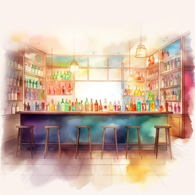 a cocktail bar with lots of bottles behind the bar some stools are in front of the bar soft light illuminates the area watercolour art style a png image that can be used as clipart
