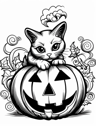 clipart cartoon jack-o-lantern pumpkin, curious cat in the style of Pierre-Auguste Renior black and white coloring book, black and white smooth thick lines, solid white background, no background