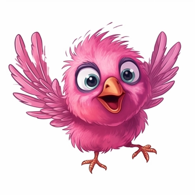 Pink happy cute bird, smiling, beautiful eyes, flying in the air clipart, in the style of cartoonish innocence, rough-edged 2d animation, birds-eye-view, playful caricature, in flight, no background, blink-and-you-miss-it detail