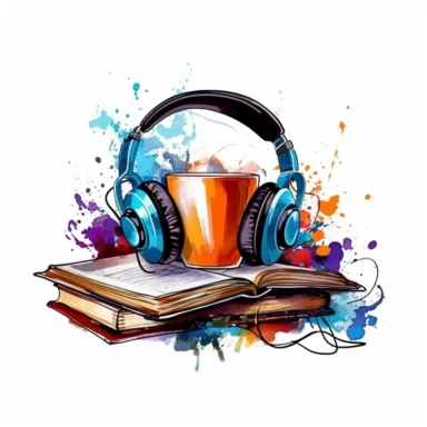 Coffee cup, school books, an ipad, head phones, vector style graphic, positive vibe, clipart, single design, white background
