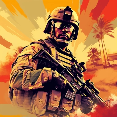 Iraq war soldier combat in a cool clip art style design. illustrator + clip art + award winning graphic design + graphic art