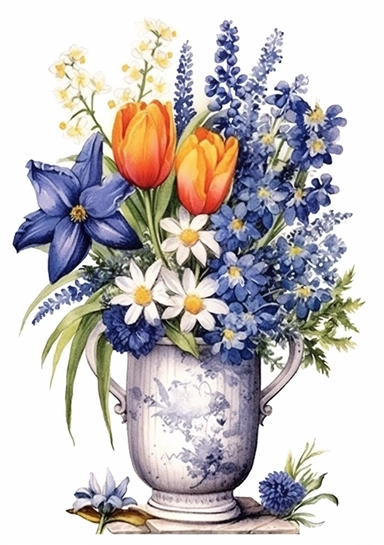 Bouquet of beautiful flowers in a Delft Blue ceramic planter - Dutch Charm: Tulips (Netherlands), Hyacinths (Netherlands), Daisies (Germany) - artistic watercolor clipart