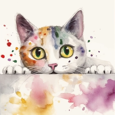 Colorful watercolor clipart, a mischievous curious cat pokes its head out, curious surprise gesture, curious surprised look, curious surprised eyes, curious surprised mouth, pokes its head over a wall, very light pastel color background