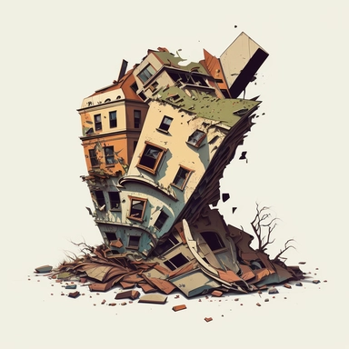 old rundown, dingy looking, dicrepid building, falling apart, toppling over, debris falling, 90s style color clipart, solid white background