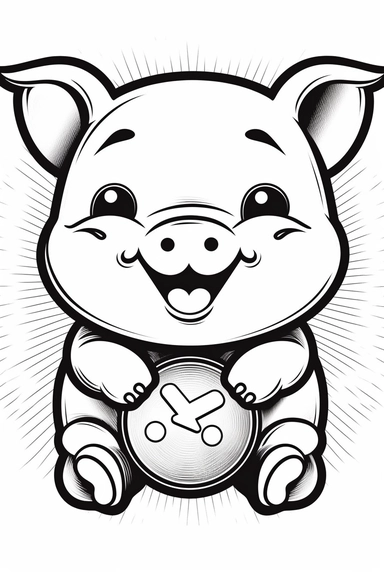 black and white clipart, cartoon drawing style of a kawaii pig holding a huge coin, illustration, vector line art
