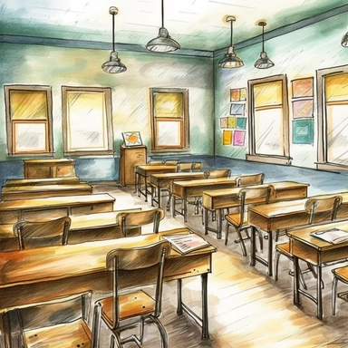 Create a beautiful watercolor clipart image of a classroom. The focus should be on the teacher and students, who are all engaged in a lively discussion about a literary work. The details should be crisp and clear, with gentle and pastel colors to give the image a serene and peaceful feel. The background should be white. The clipart should convey the warmth and camaraderie that exists in a classroom environment