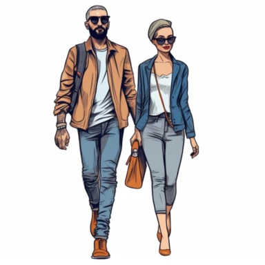 simple clipart of an attractive hipster couple, both slim, the man with a beard, the girl with short blue hair, both wearing sunglasses, walking toward the viewer, similar to the iconic image used on the J. Peterman catalog, make the image so it is oval, like an icon type image