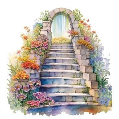 clipart, watercolor stair leading toward a waterfall, in the style of intricate, delicate flower and garden paintings, stone, rough clusters, small brushstrokes, arched doorways, colorful gardens, white background