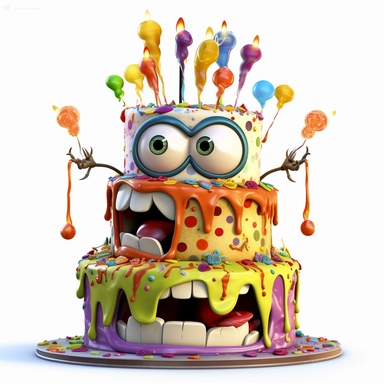 clipart of a messy two layer birthday cake, there is a funny face in the cake, candles, cartoon, for kids, funny, pixar, 8k, white background, sharp focus, detailed,