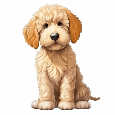 oilpainting, 2d icon of a super cute cartoon goldendoodle ready to play clipart full body, 3d rendering, white background, clean