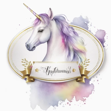 Name plate ribbon for text, unicorn birthday invite, watercolour clipart, pure white background.