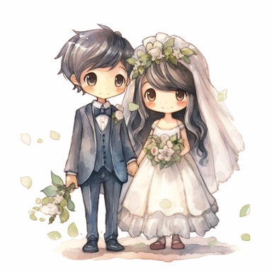 full body Little bride and groom, Watercolor Clipart, strybk, full Illustration, 4k, sharp focus, watercolor, smooth soft skin, symmetrical, soft lighting, detailed face, concept art, muted colors, watercolor style, strybk, children's style fairy tales, chibi kawaii, . Octane rendering, 3d. Perfect face, detailed face, delicate face, perfect sharp lips, detailed eyes. Craig Davison, Aubrey Beardsley, Conrad Roset, Aikut Aidogdu, Agnes Cecil, watercolor style