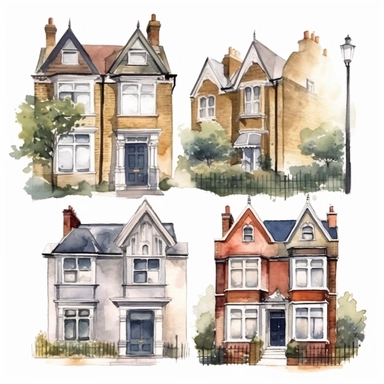 watercolor semi detached london houses , illustrations clipart set, simple, , cartoon elements ,different variants , separate elements with a margin