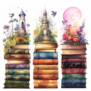 enchanting books that reveal fantastical and magical worlds when their covers are opened Watercolour Fantasy Books Clipart