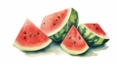 semi photorealistic outlined watercolor illustration, clipart elements, collection [watermelon fruit] cozy elements, detailed, pastels, beige, spaced, isolated white background, 8k,
