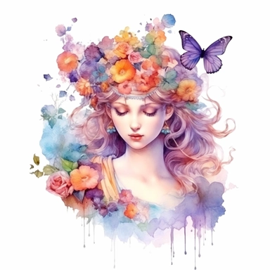 Fantasy Style Ancient Rome style Beautiful Calm Flora Goddess flowers on her beautiful hairs with watercolor effect, little butterfliesMany flowers,suitable for digital clipart,white background,Mythologic Scene,Ancient rome fashion
