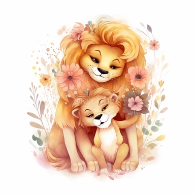 Cute floral illustration, realistic adorable baby lion hugging his mom happy clipart, nursery style clipart, Nursery Animals Art, Kids Wall Art, Kids Room Decor, Baby Room Decor, isolated on white, ultra - detailed, high quality, ghibli style, award winning