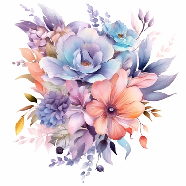Clipart beautiful fanciful floral composition, fairytale, watercolor paints, isolated objects on white background, beautiful delicate pastel colors, k8 , s1000