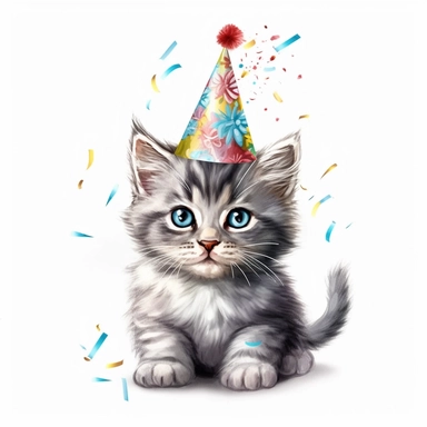 clipart style of a realistic cat with a birthday hat on transparent background