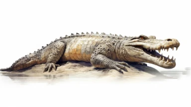 Nile Crocodile digital painting and drawing, clipart, full body, hyper - realistic animal illustration, childlike, free brushwork, white background, lying down, side view