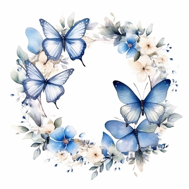 frosty white butterfly clipart with flower border, white background, watercolor, vector