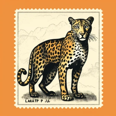 Postage stamp clipart of [leopard], paper, clean crisp minimilistic illustration, [orange and black] colors