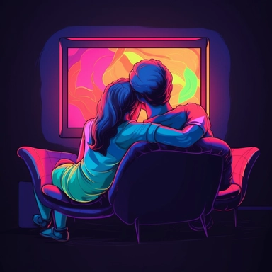 clipart illustration for mobile app, neon colors, man and girl hugs and watching together big tv sitting on couch, view from back, sitting together, hug, dark room, black background, vector, neon gradients