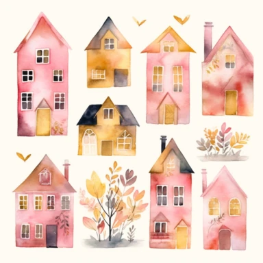 sweet pink and gold watercolor,house clipart, home clipart ,rentall icon set,isolated white background, single design, sharp, bold