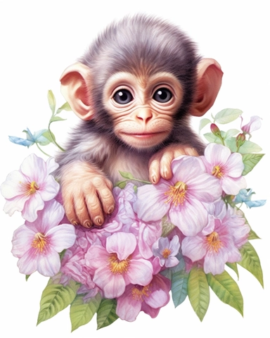 detailed watercolor Baby Monkey with flowers , hyper realistic, isolated on a white background, clipart