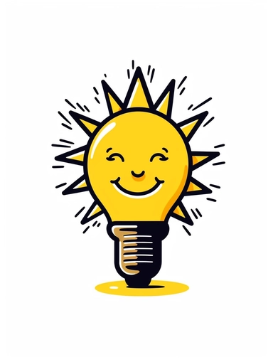a cartoon lightbulb with a sun inside of it. vector logo. yellow and black. artistic doodles. clipart. bold and graphic. isolated white background.