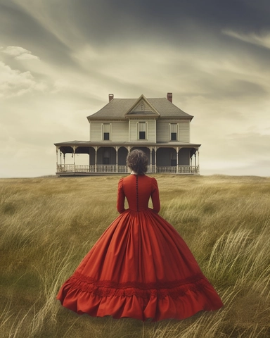 detailed beautiful lady , dressed in a red victorian vintage dress on a big open farm, wide angle, long shot, with a house far from her as her background, hyper realistic, 8k, isolated on white backgorund, clipart