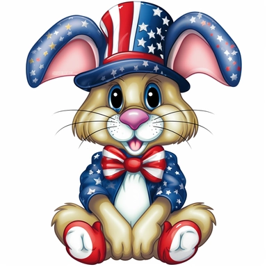 Easter Bunny with a patriotic hat and patriotic tie, clear eyes, kiss-cut, vector, clipart, isolated, no background, .75 gutter,