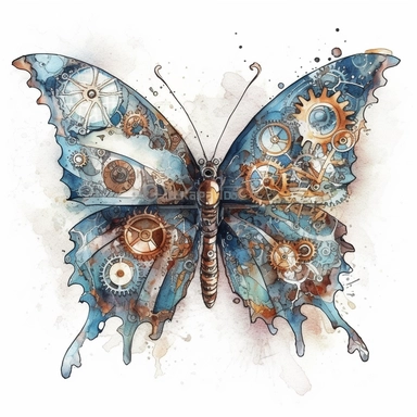dimetric watercolor illumination of a steampunk butterfly, high quality, intricate design, clipart, victorian, retro, mecha, starry, fantasy white background no text, isolated on white, ghibli style, award winning