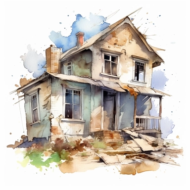 watercolour small broken and abandoned house, clipart on white background, no watermark, highly detailed, professional color gradation, clean sharpness