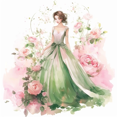 watercolor, hyper realistic, white background, white margins, 16k, ultra detailed clipart, cut out image, hand-drawn, whimsical manhwa style, ultra HD, sharp and clean art a graceful and elegant lady dressed in a beautiful gown, enjoying the serene ambiance of the rose garden. Soft Pink and Emerald Green - Create a romantic and enchanting atmosphere with a color scheme consisting of soft pink shades for the roses and lush emerald green for the foliage