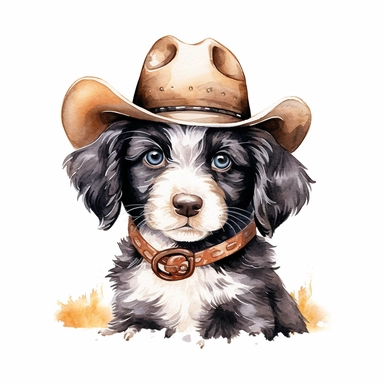 watercolor beautiful cartoon cowboy baby dog drawing, illustration clipart, detailed, black outline, white background, digital art