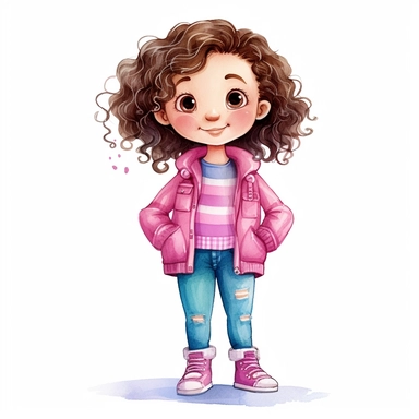 4 year old cartoon Pretty girl, cute cartoon white skin girl with medium lenght curly hair and brown eyes, wearing fuchsia t-shirt, pink coat, blue jeans and pink sneakers, smiling with her arms crossed. Pixar childrens book cartoon style, detailed, modern, urban, watercolor, full color, flat color, white background, children book illustration. Watercolor clipart. Pixar animation